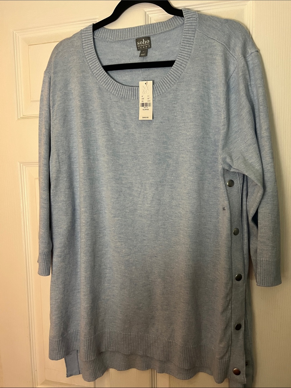 New York and Co Light Blue Side-Button Crewneck Sweater